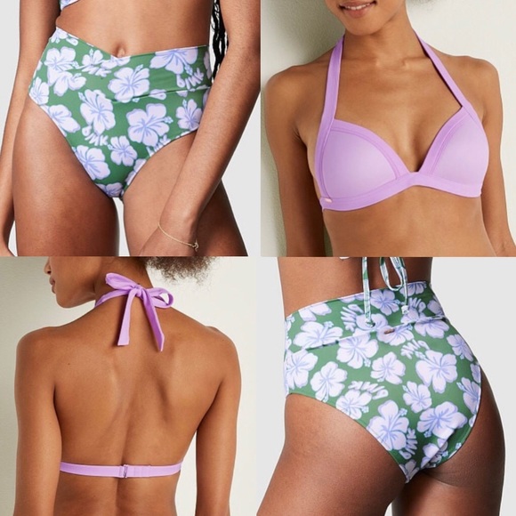 PINK VS Purple Bikini Halter Top Green Floral Bikini Bottom Victoria’s Secret - Picture 1 of 12